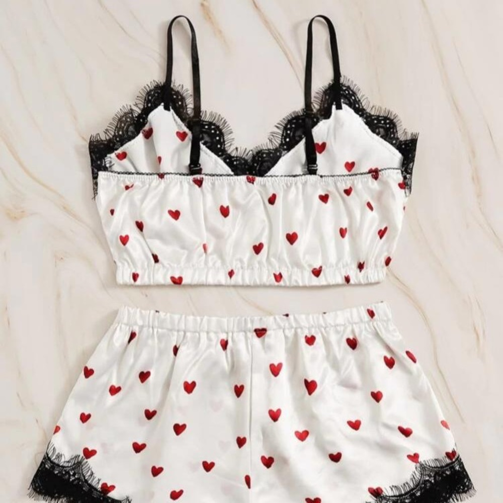 Heart Print Eyelash Lace Satin Lingerie Set